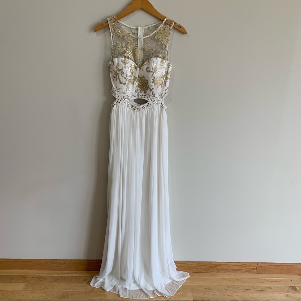 Blondie Nites Long Ivory with Gold embellishments prom dress